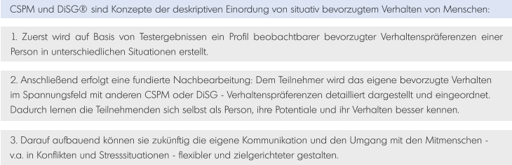 1. Zuerst wird auf Basis von Testergebnissen ein Profil beobachtbarer bevorzugter Verhaltenspräferenzen einer Person in unterschiedlichen Situationen erstellt.       CSPM und DiSG® sind Konzepte der deskriptiven Einordung von situativ bevorzugtem Verhalten von Menschen: 2. Anschließend erfolgt eine fundierte Nachbearbeitung: Dem Teilnehmer wird das eigene bevorzugte Verhalten  im Spannungsfeld mit anderen CSPM oder DiSG - Verhaltenspräferenzen detailliert dargestellt und eingeordnet.Dadurch lernen die Teilnehmenden sich selbst als Person, ihre Potentiale und ihr Verhalten besser kennen. 3. Darauf aufbauend können sie zukünftig die eigene Kommunikation und den Umgang mit den Mitmenschen -v.a. in Konflikten und Stresssituationen - flexibler und zielgerichteter gestalten.